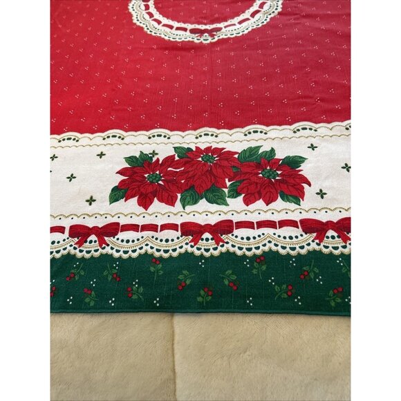 VTG Sunweave Linen Christmas Tablecloth Poinsettias Red & Green 69X49" rectangle - Picture 3 of 8